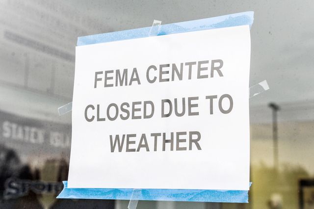 A sign on a closed FEMA shelter early last month